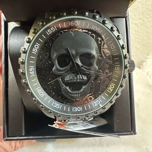 Ed Hardy Men's Watch Black Skull Dial Studded Silicone Band NWT